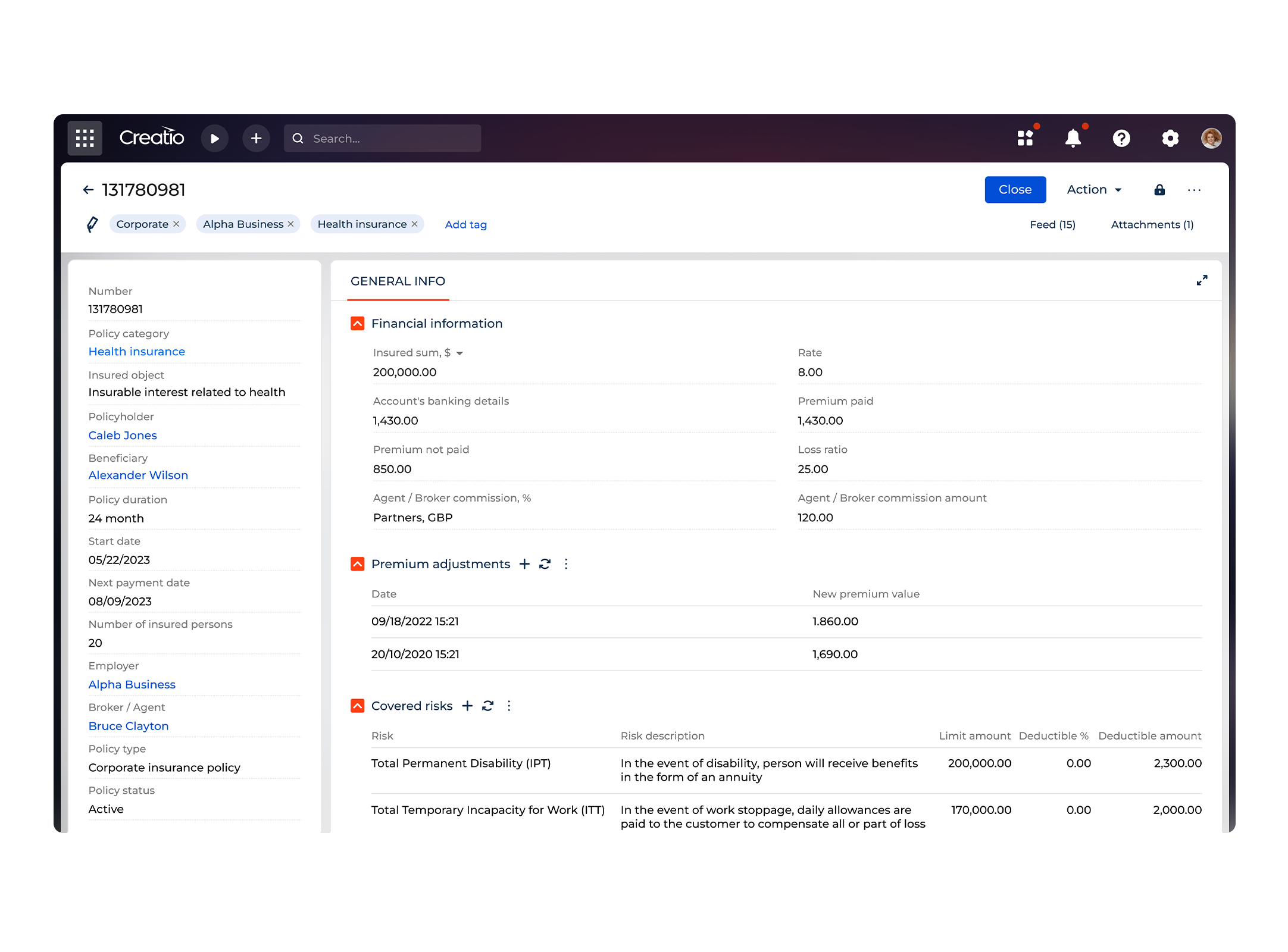 Policy administration Creatio Insurance