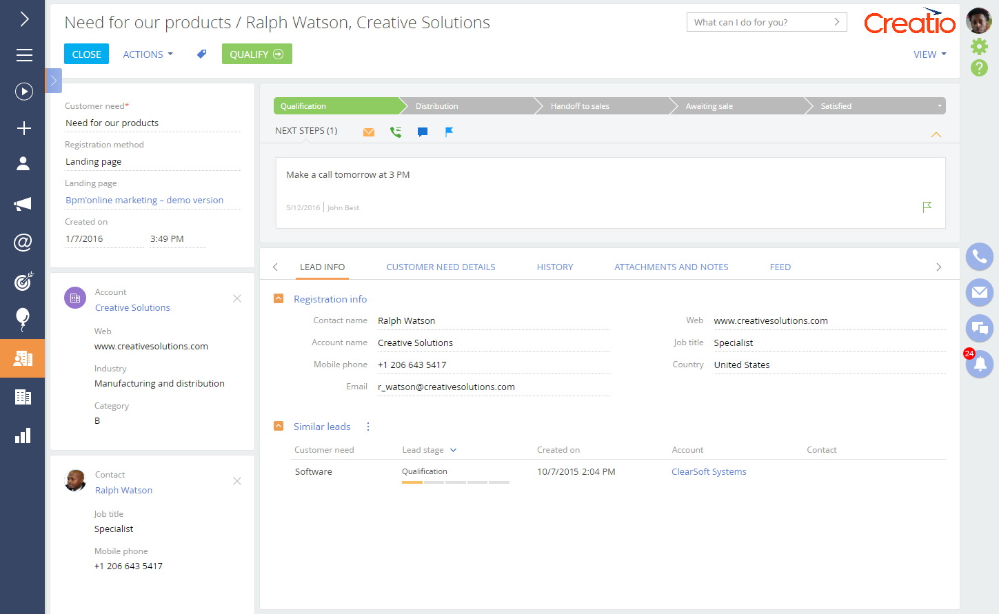 Online Lead's Behavior Creatio CRM Dashboard