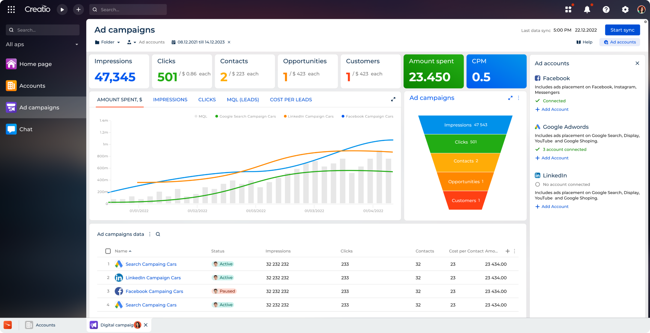 Statystyki dotyczące kampanii reklamowej w Creatio CRM